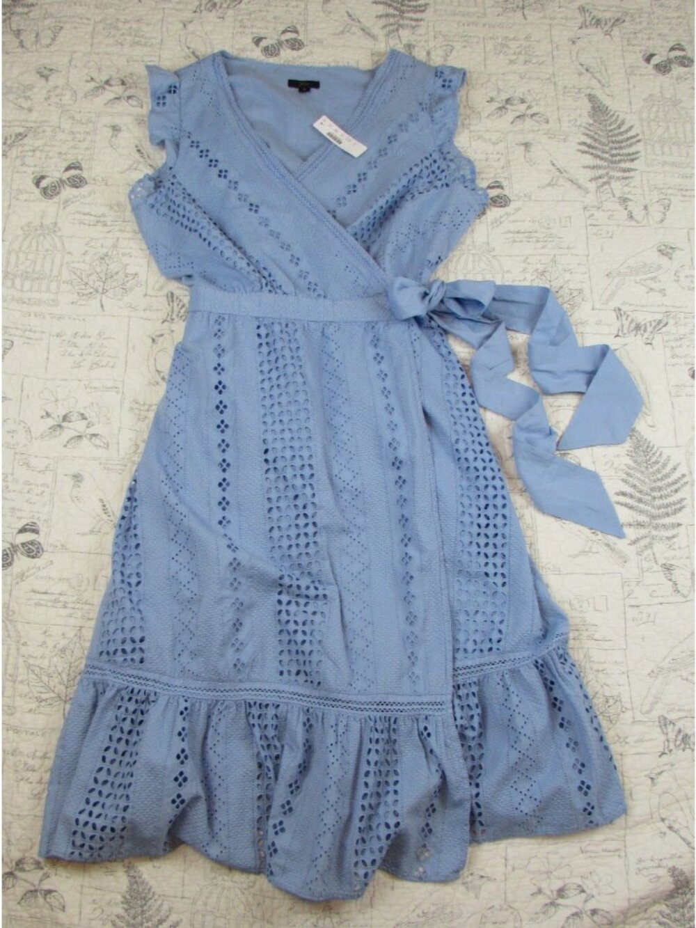 NEW J. Crew Blue All over Eyelet Wrap Midi Dress Flutter Slv lined womens sz 18 - Picture 12 of 16